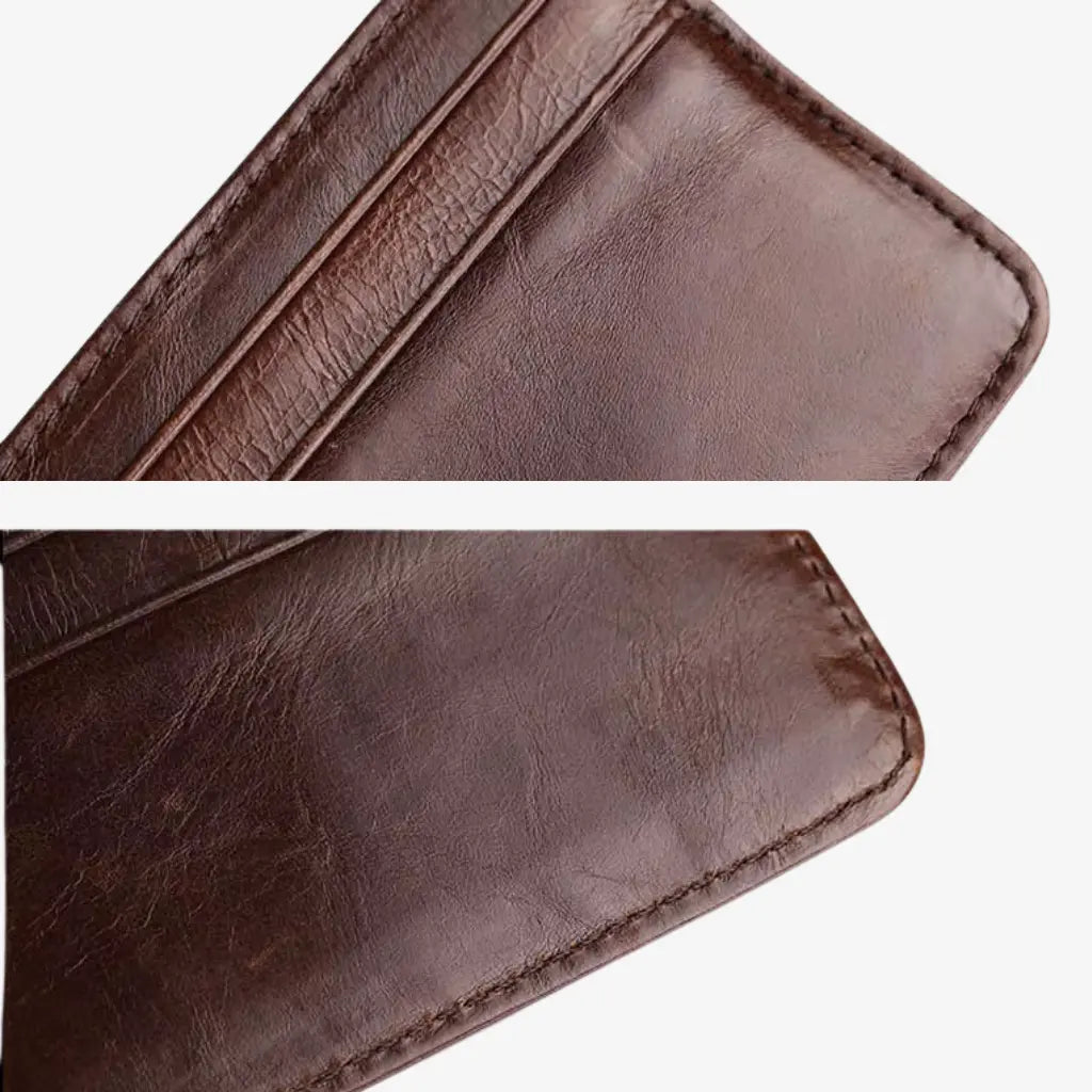 Close-up of brown cowhide leather card holder texture and stitched edge detail
