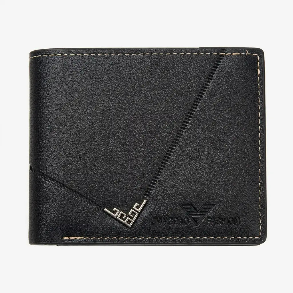  Front view of the Arlen slim black leather wallet for men featuring contrast white stitching, a metallic corner accent, and the embossed Jiangbao Fashion logo on a plain white background.