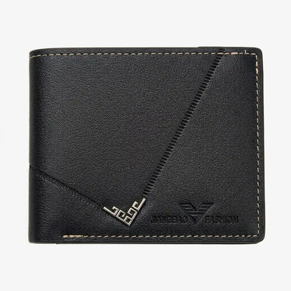  Front view of the Arlen slim black leather wallet for men featuring contrast white stitching, a metallic corner accent, and the embossed Jiangbao Fashion logo on a plain white background.