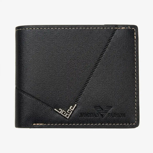  Front view of the Arlen slim black leather wallet for men featuring contrast white stitching, a metallic corner accent, and the embossed Jiangbao Fashion logo on a plain white background.