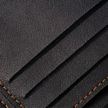 Extreme close-up of the Arlen wallet's interior, showcasing the high-quality pebbled black leather texture and the precision of the tan reinforced stitching on the card slots.