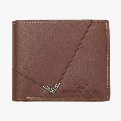 Front view of a brown slim men’s wallet on a white background.