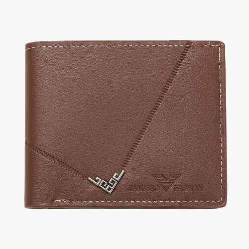 Front view of a brown slim men’s wallet on a white background.