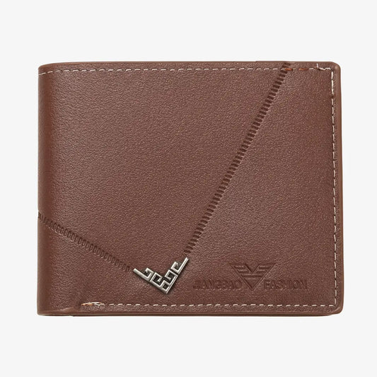 Front view of a brown slim men’s wallet on a white background.