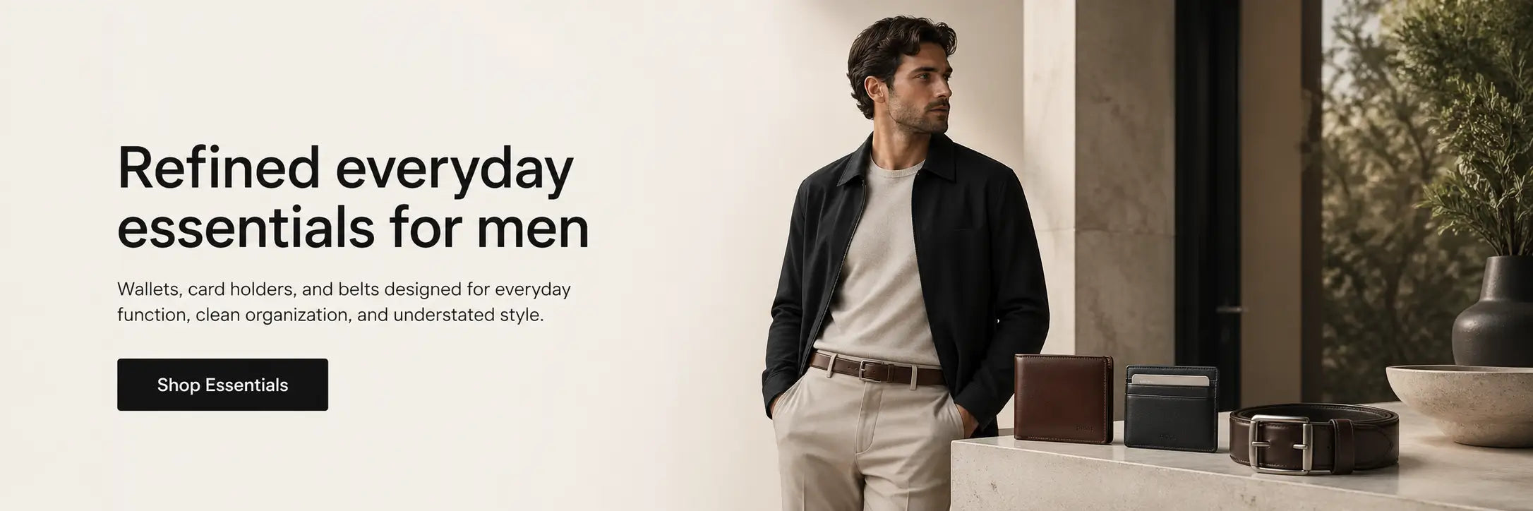 Banner featuring men’s leather wallets, card holders, and belts by Corviko, showcasing premium everyday essentials for modern men.
