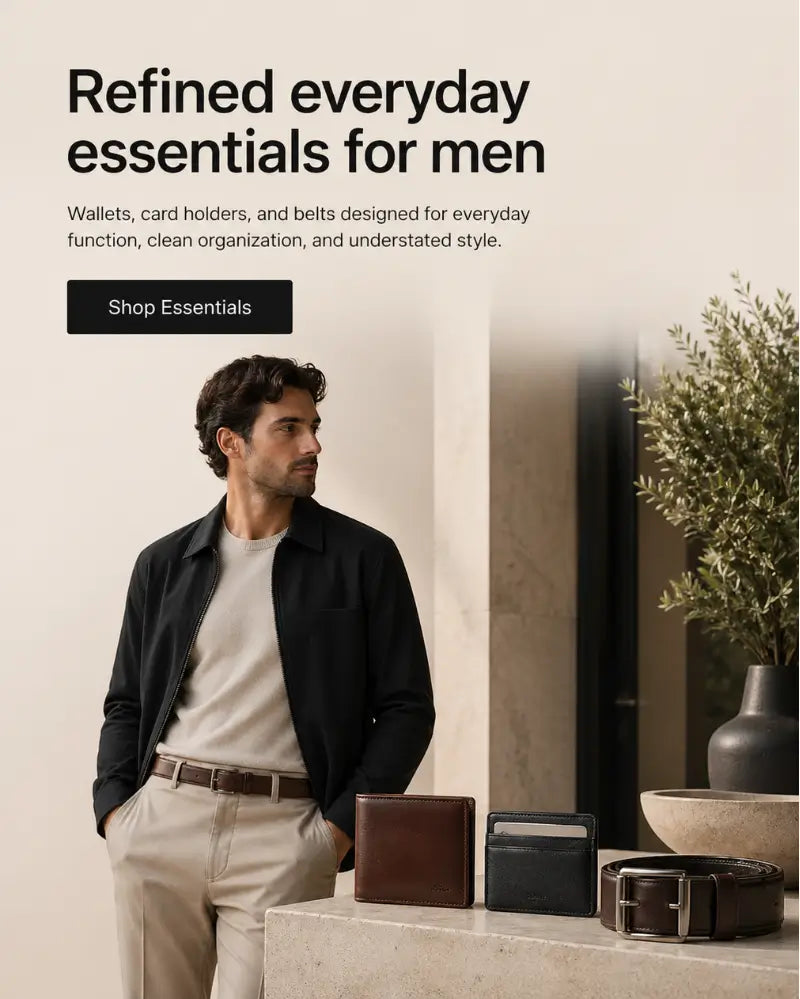 Mobile banner showcasing Corviko men's leather wallets, card holders, and belts as premium everyday essentials.