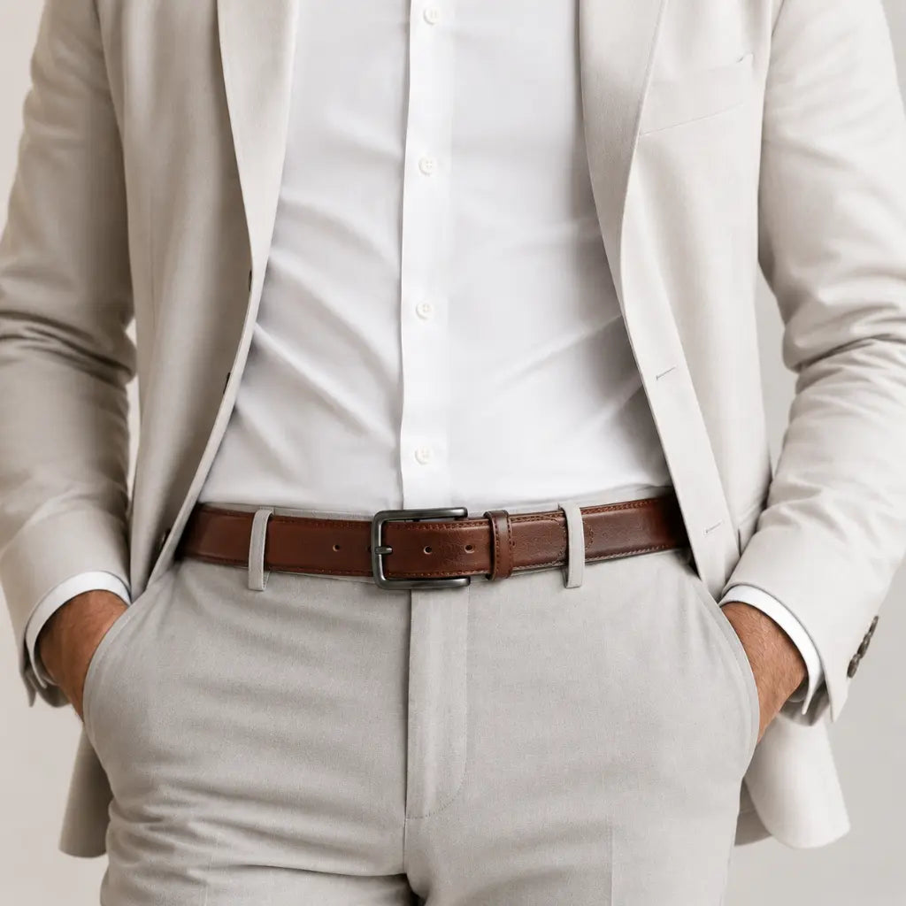 man wearing CORVIKO Arven brown classic belt with light formal outfit