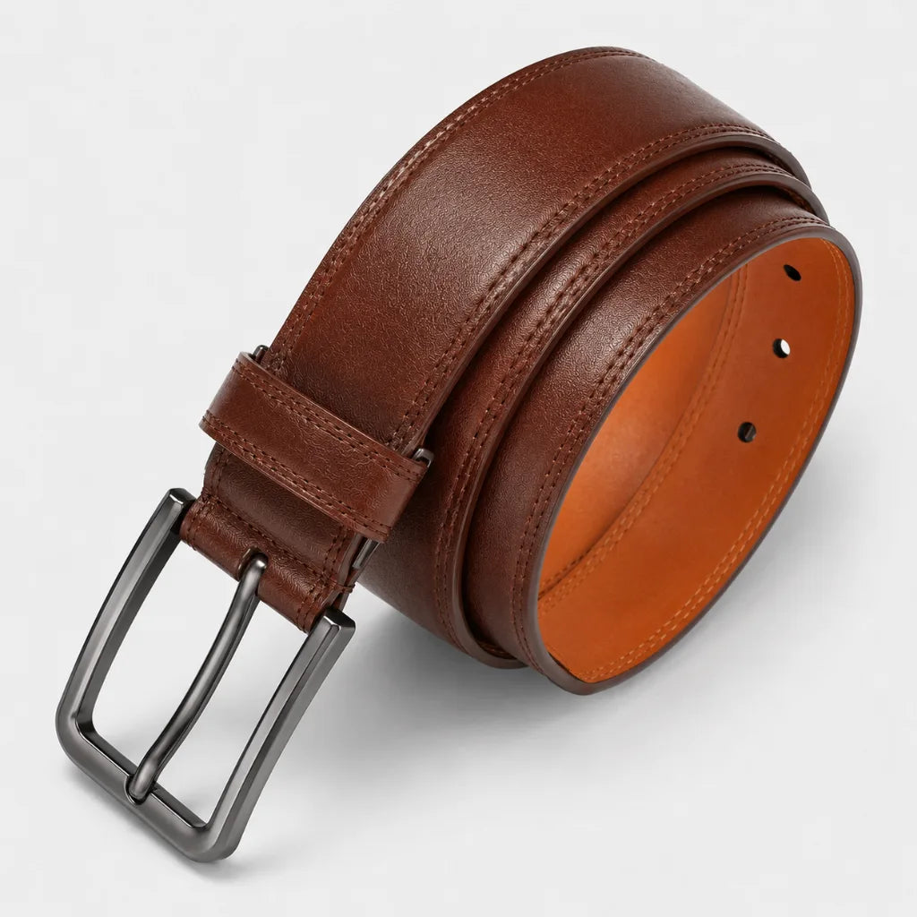 CORVIKO Arven brown classic belt for men - stitched strap and inner side view