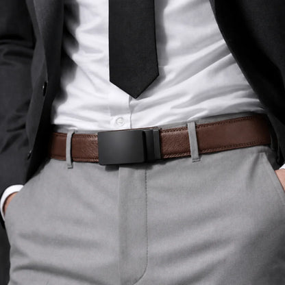 man wearing CORVIKO Kael brown dress belt with formal outfit and black buckle
