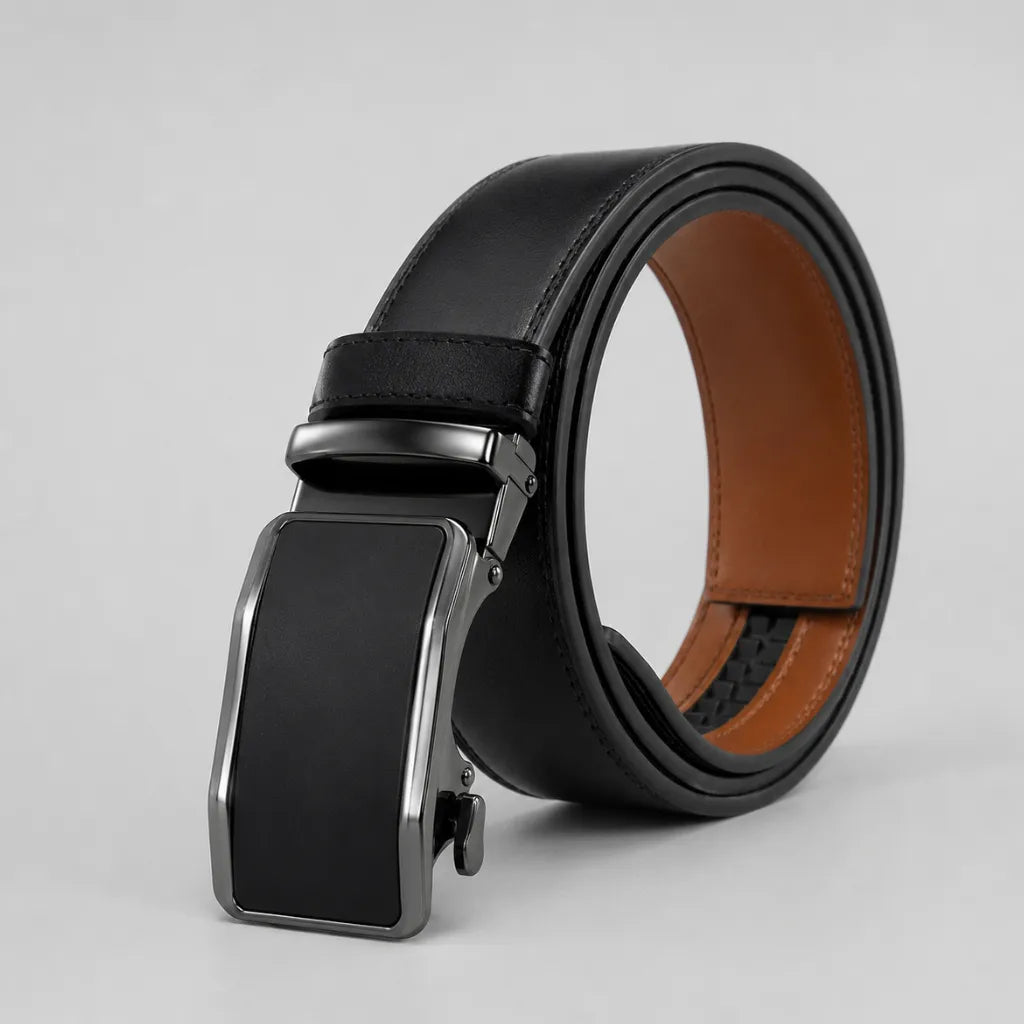Belt for Men Dress Model Veyron Black lying flat with automatic buckle and brown inner strap