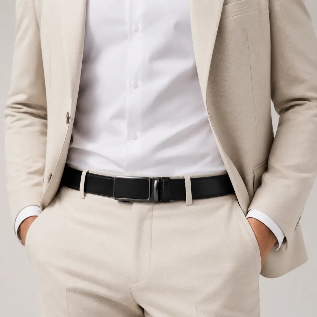 Belt for Men Dress Model Veyron Black worn with elegant light outfit and no-hole automatic buckle