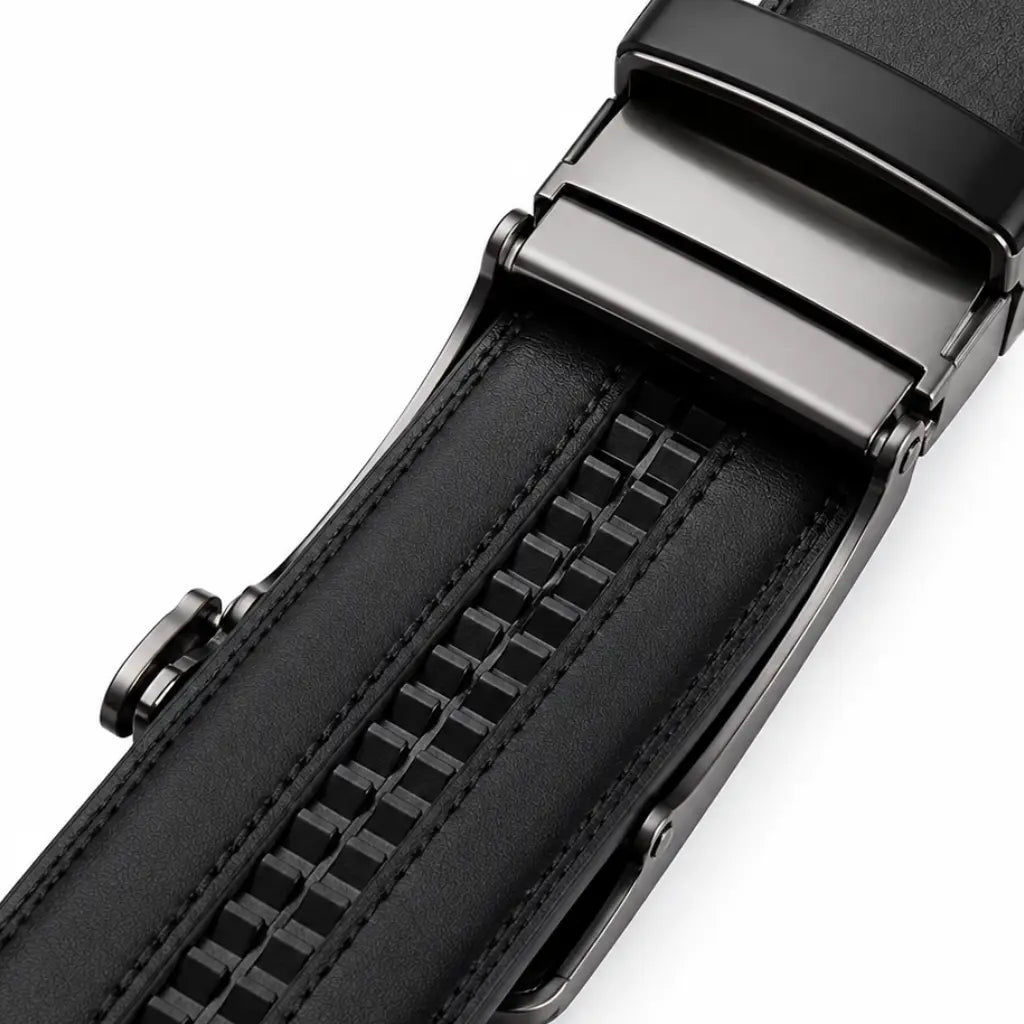 Close-up of Belt for Men Dress Model Veyron Black showing inner ratchet track and automatic buckle system