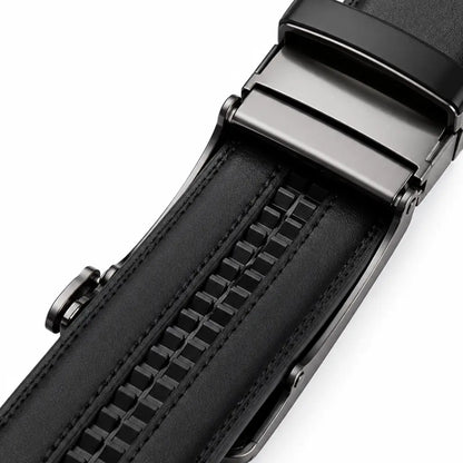 Close-up of Belt for Men Dress Model Veyron Black showing inner ratchet track and automatic buckle system