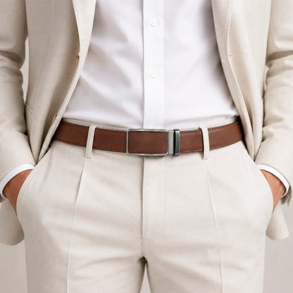 man wearing CORVIKO Veyron brown dress belt with elegant light outfit