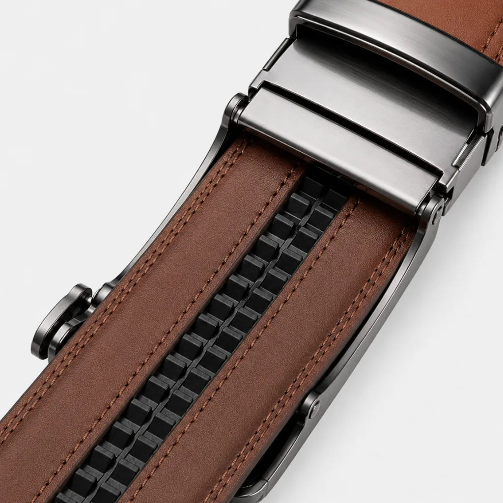 CORVIKO Veyron brown dress belt - inner ratchet track and automatic buckle close-up
