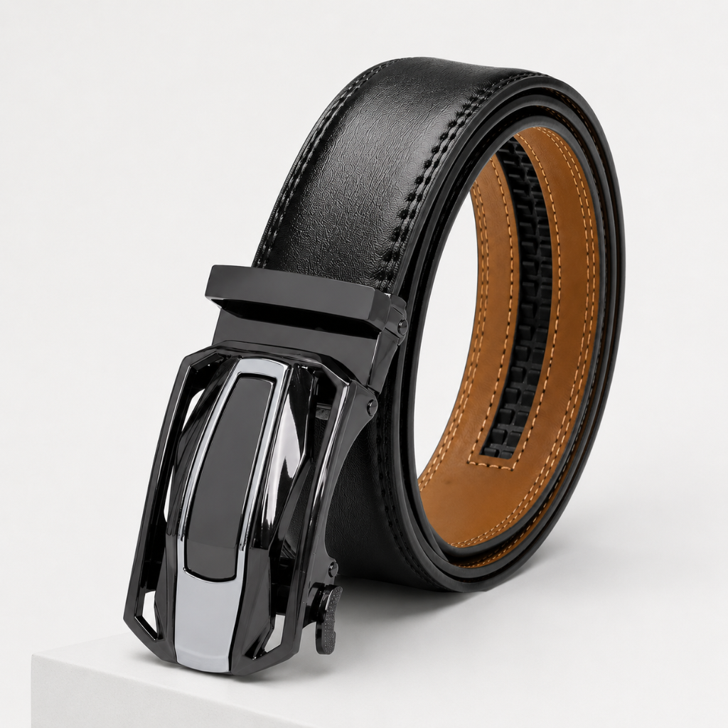 CORVIKO Aureon black automatic belt for men on display stand with glossy buckle