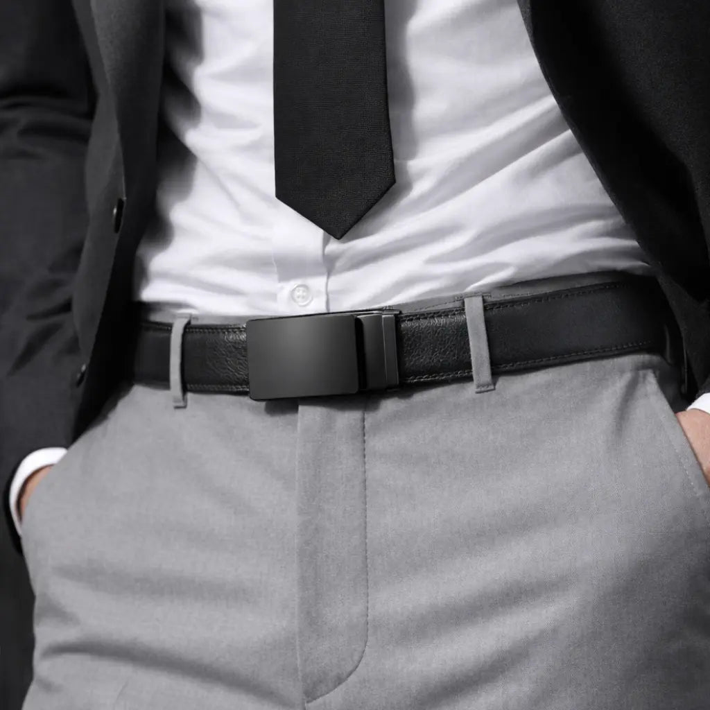 man wearing CORVIKO Kael black dress belt with formal shirt tie and dress pants