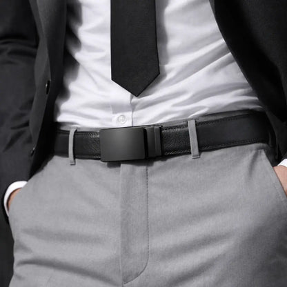 man wearing CORVIKO Kael black dress belt with formal shirt tie and dress pants