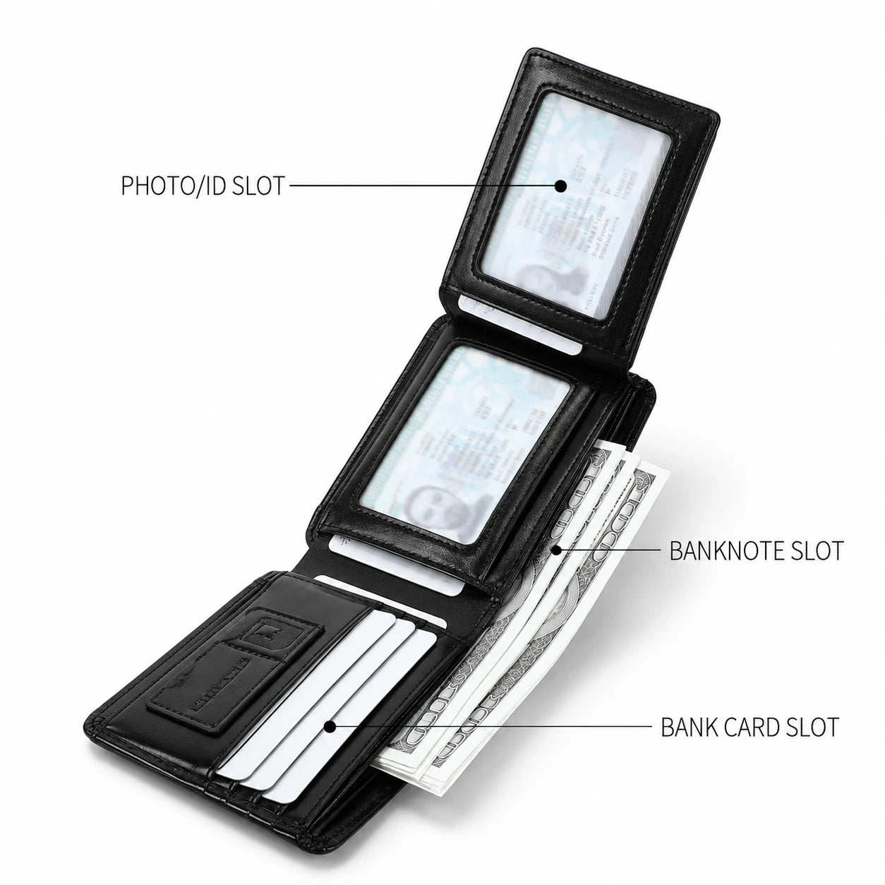 Wallet for Men RFID Model Bravik in black shown open with photo ID slot, banknote slot and bank card slot.