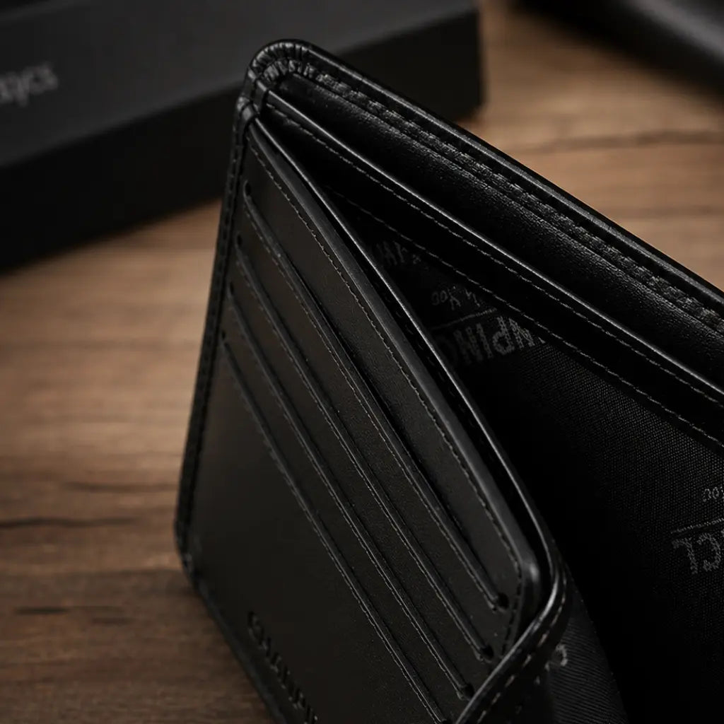 Premium close-up of black RFID wallet for men by CORVIKO showing interior structure, card slots and refined stitching.