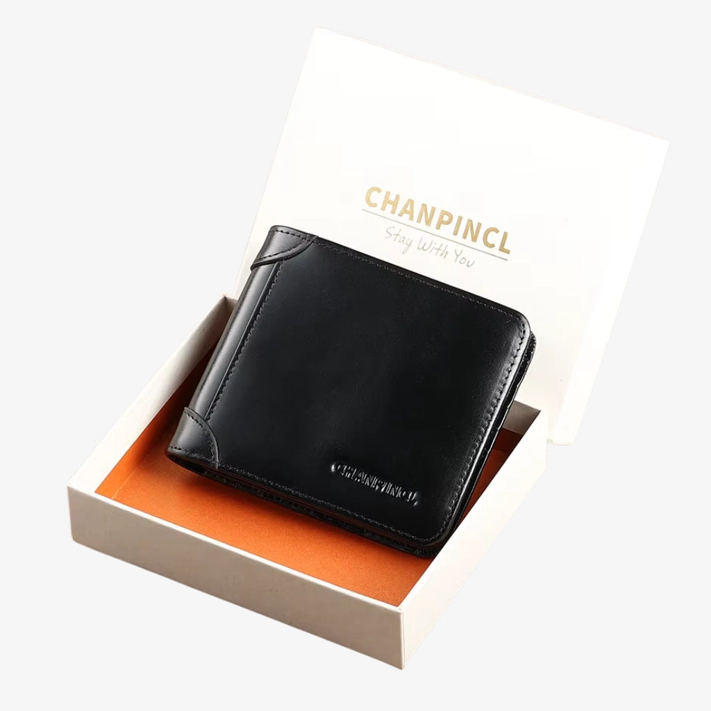 Black Wallet for Men RFID Model Bravik by CORVIKO displayed with gift box for a refined men’s accessory presentation.