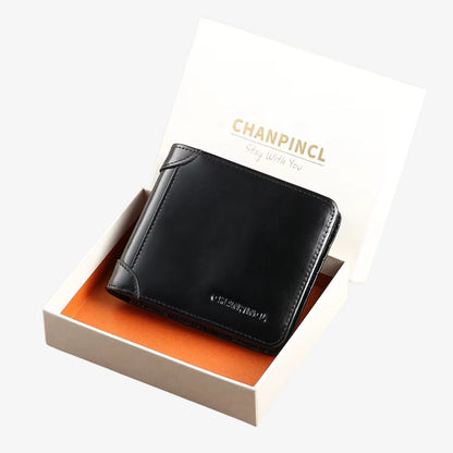 Black Wallet for Men RFID Model Bravik by CORVIKO displayed with gift box for a refined men’s accessory presentation.