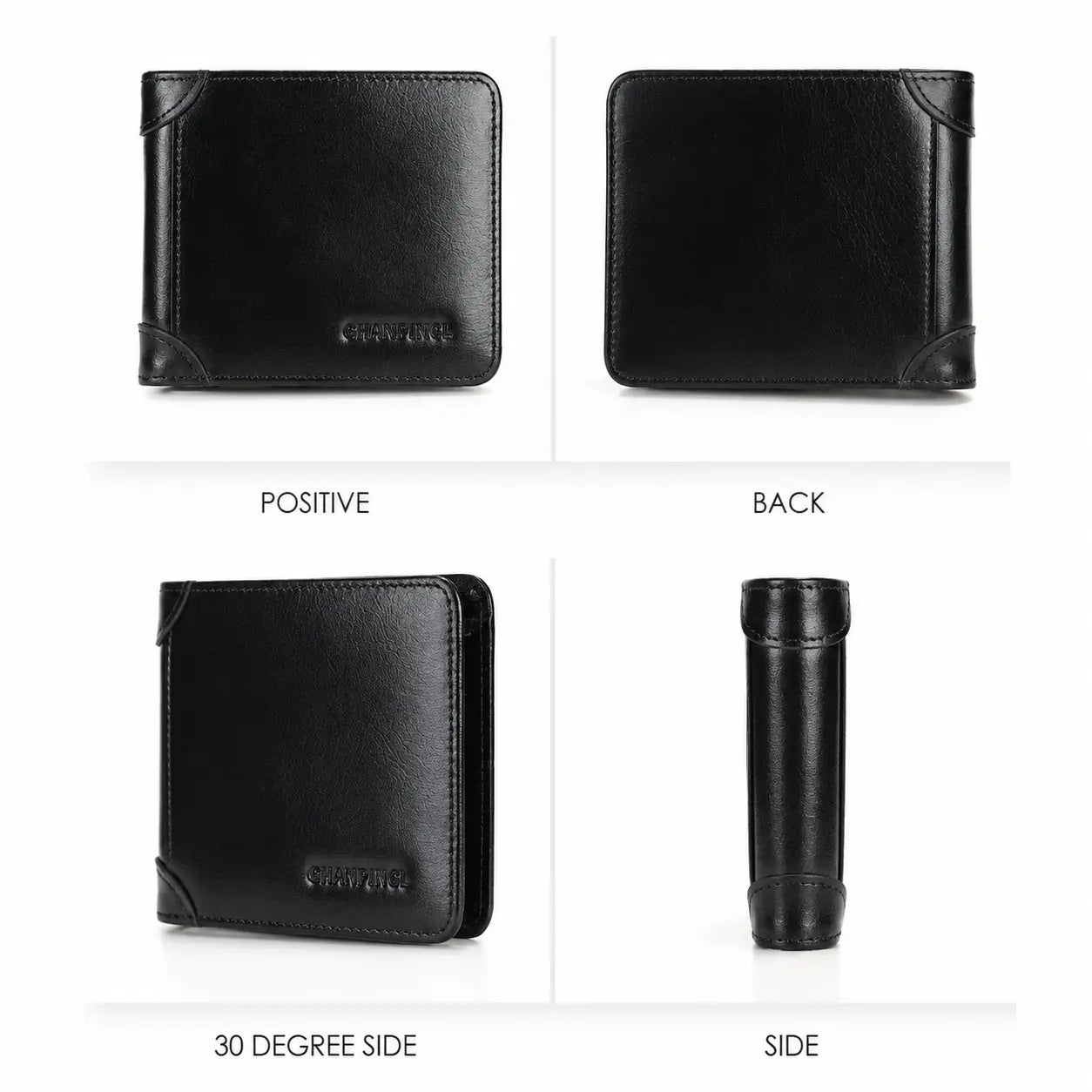 Black RFID wallet for men by CORVIKO shown from front, back, angled side and side views with clean stitched finish.