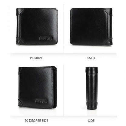 Black RFID wallet for men by CORVIKO shown from front, back, angled side and side views with clean stitched finish.
