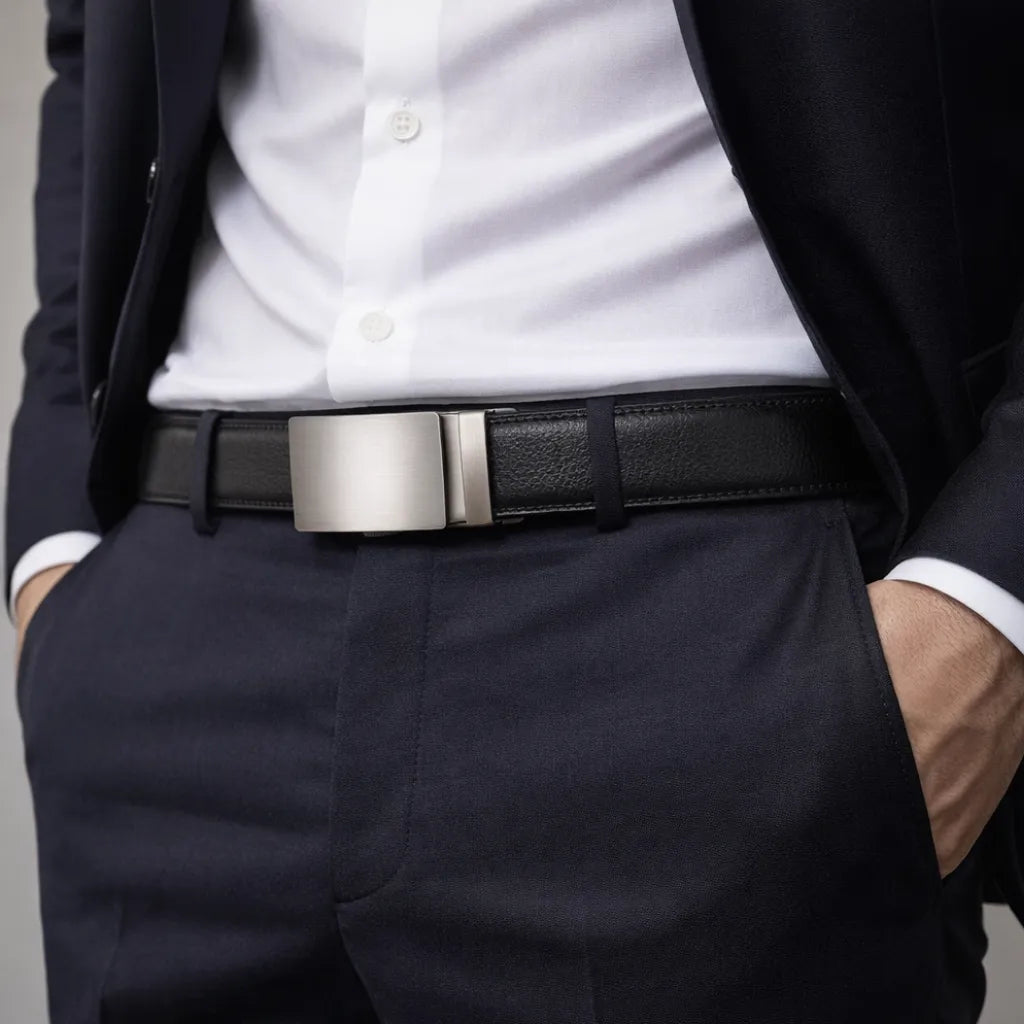 man wearing CORVIKO Soren black dress belt with business suit and silver buckle