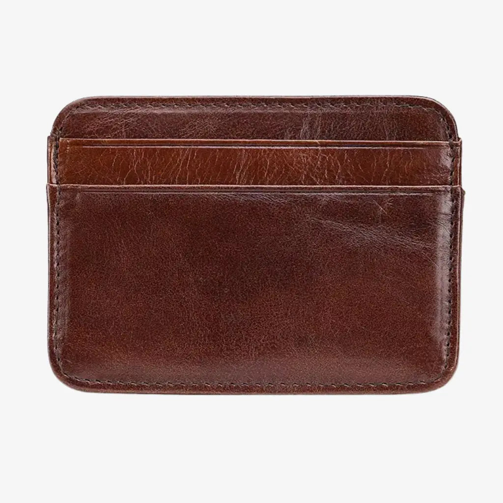 Brown leather card holder for men with vintage cowhide finish and front card slots by CORVIKO