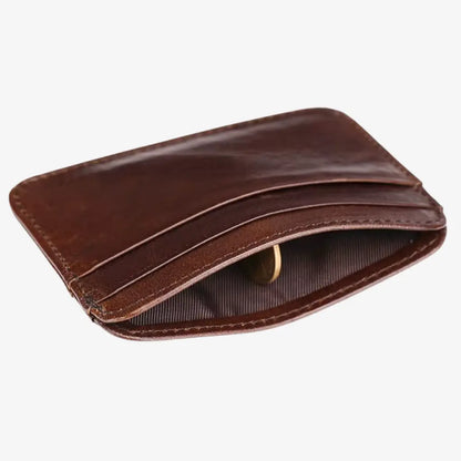 Brown leather card holder for men showing open pocket detail for small essentials