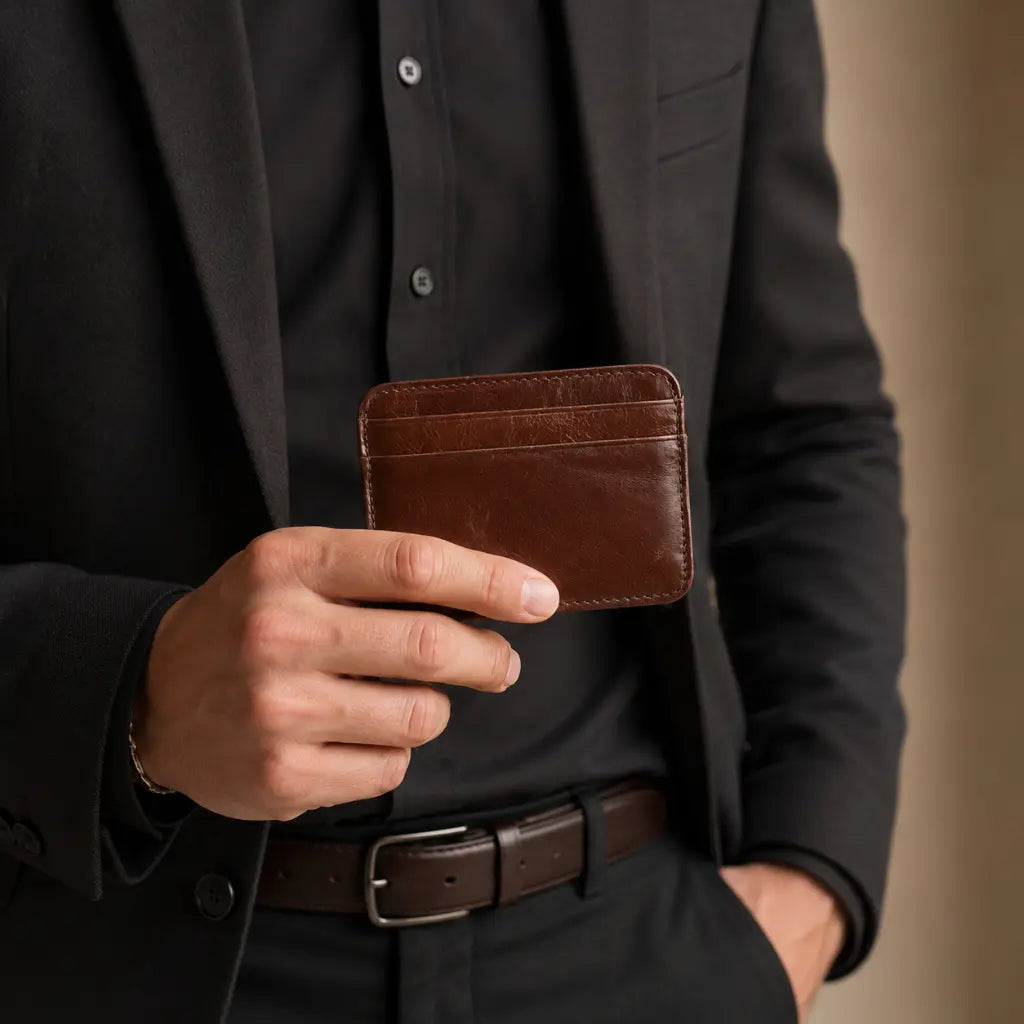 Brown leather card holder for men held by a man in a black suit for refined everyday carry