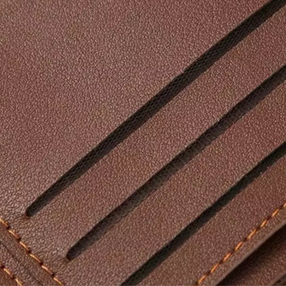 Close-up rear view of the brown slim wallet showing stitching and texture.