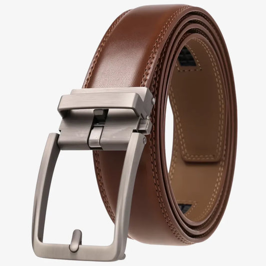 Belt for Men Automatic Model Varo Brown by CORVIKO with smooth brown finish, stitched edges and brushed silver automatic buckle