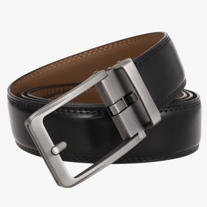Black cowskin belt for men with silver automatic buckle detail