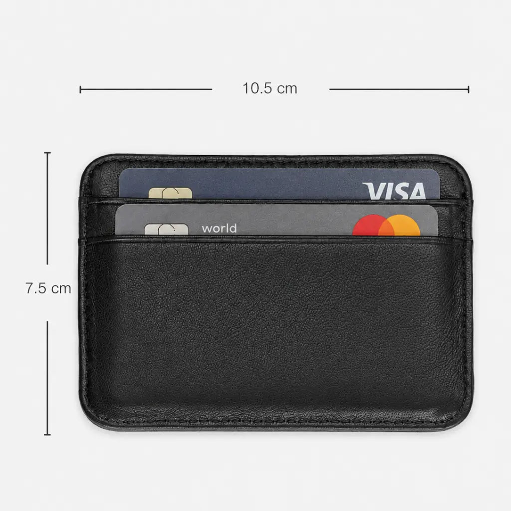 Black card holder for men with 10.5 cm by 7.5 cm size reference and card slots