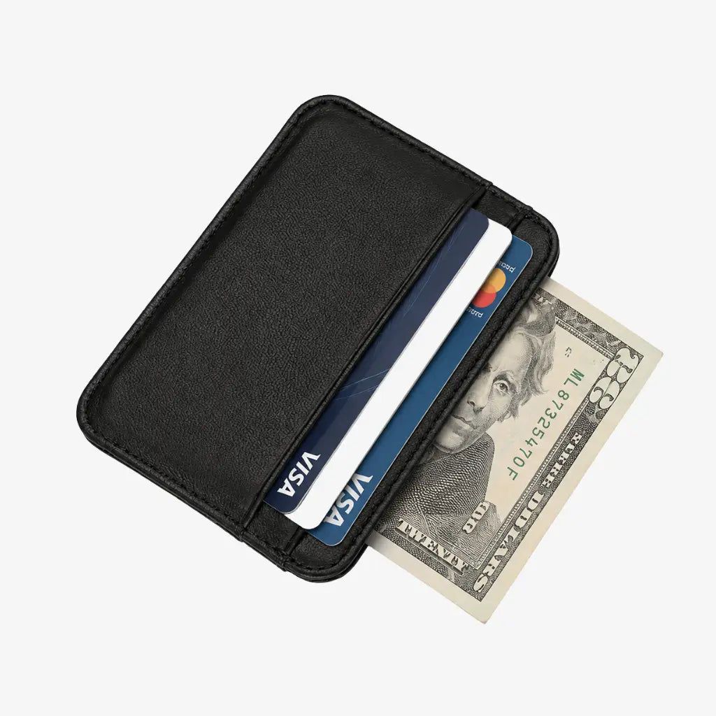 Black card holder for men with cards and cash, designed for compact everyday carry