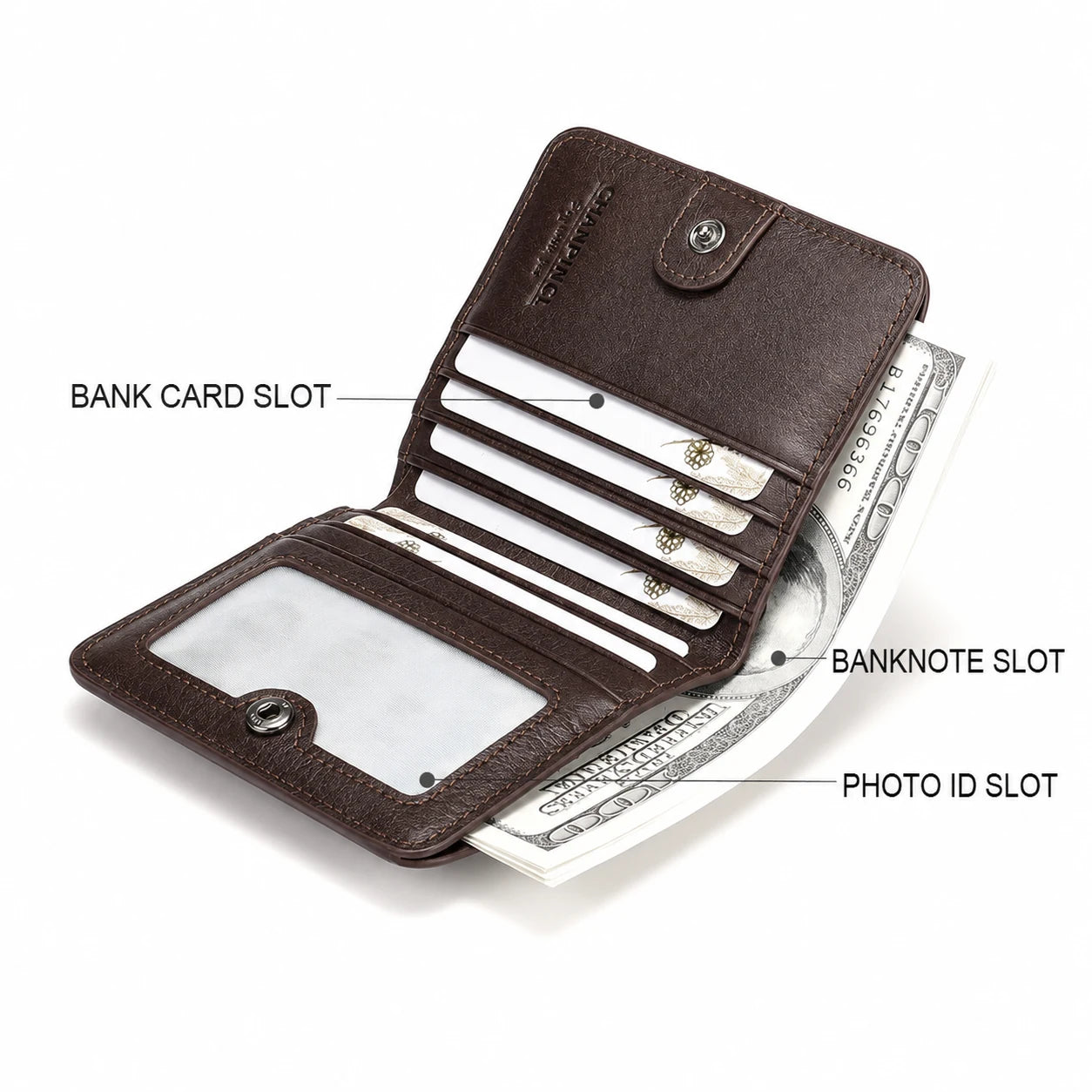 Compact wallet for men in coffee leather with card slots banknote slot and photo ID slot