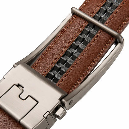 CORVIKO Varo brown automatic belt for men - ratchet system and buckle close-up
