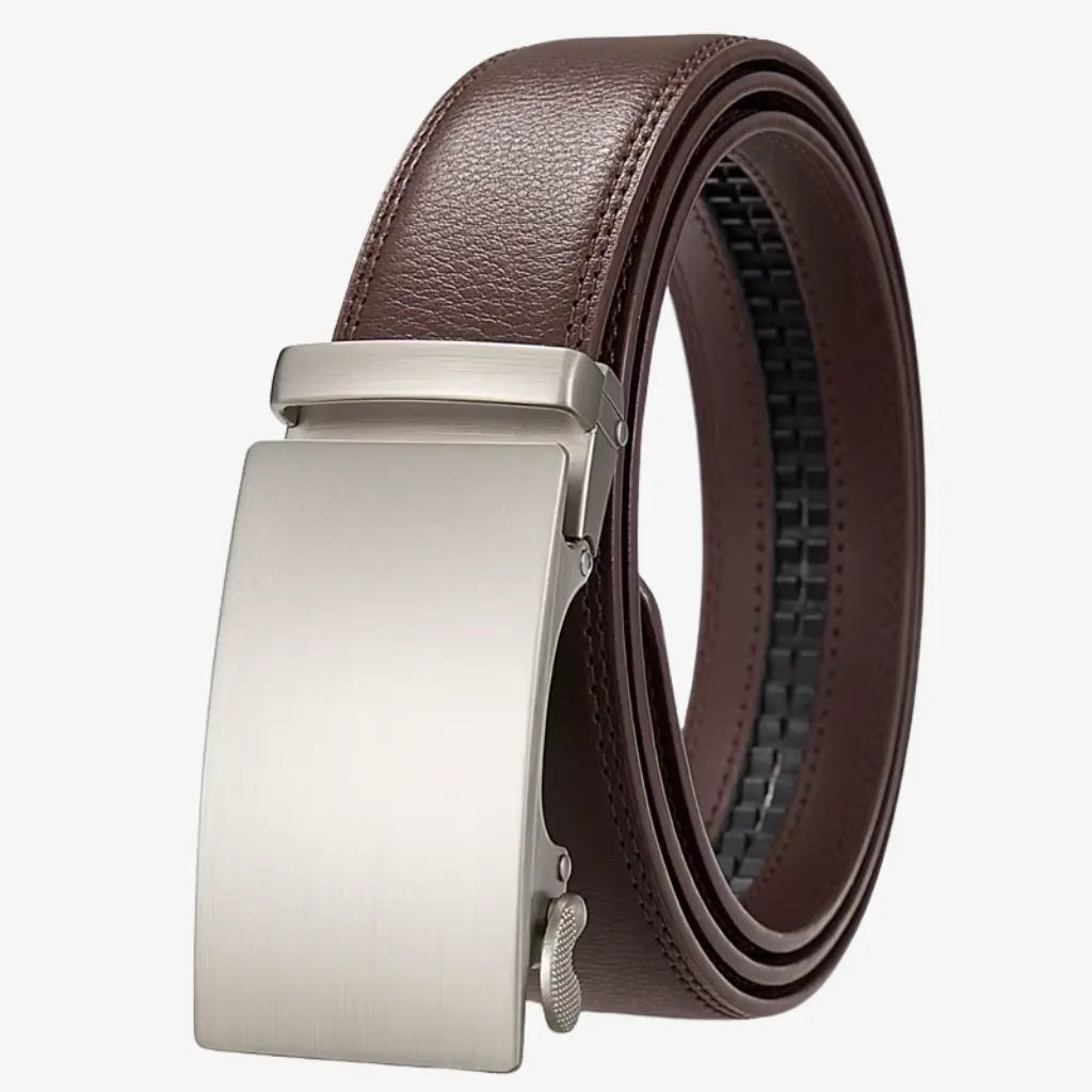 Rolled view of the Belt for Men Dress Model Soren Coffee with silver automatic buckle
