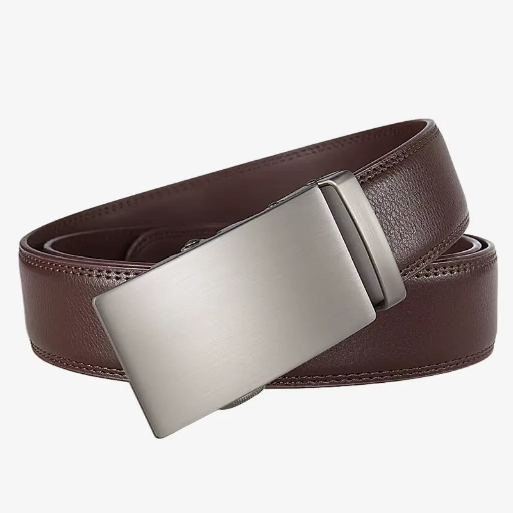  Belt for Men Dress Model Soren Coffee with smooth coffee finish and clean silver automatic buckle