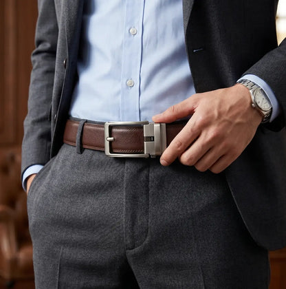 man wearing CORVIKO Varo coffee automatic belt for men with business outfit