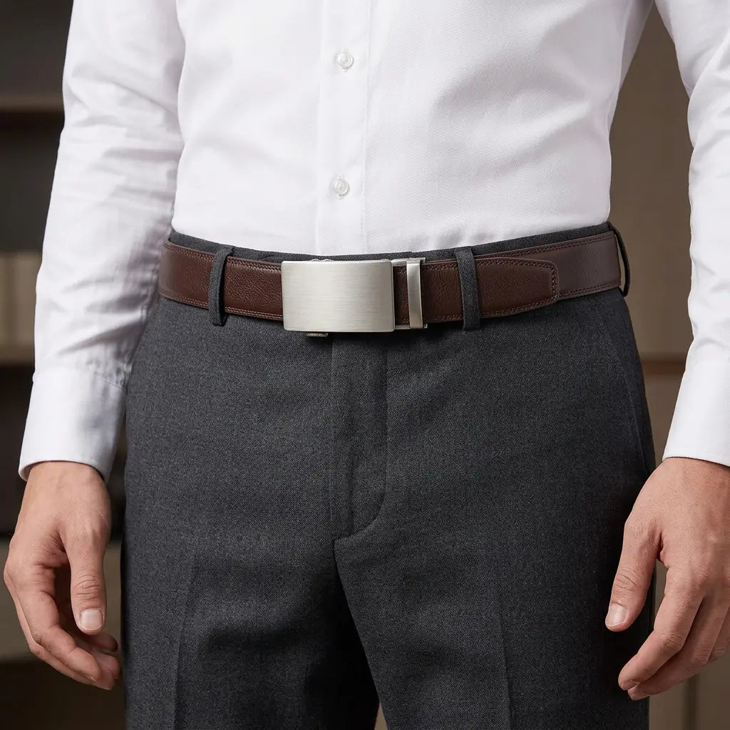  Man wearing the Belt for Men Dress Model Soren Coffee with dress pants and a white shirt