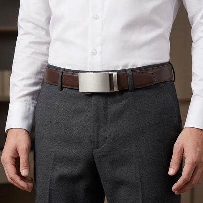  Man wearing the Belt for Men Dress Model Soren Coffee with dress pants and a white shirt
