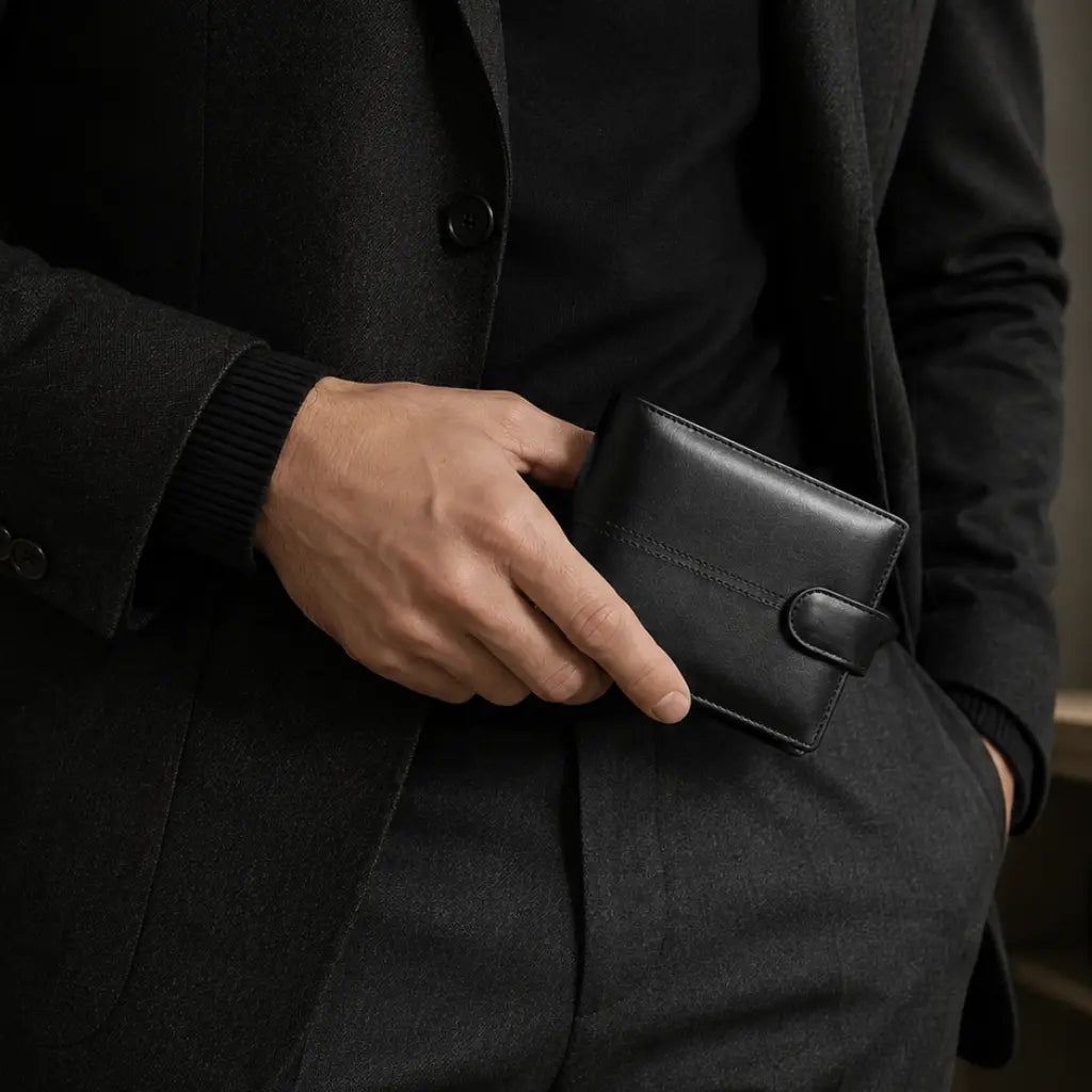 Man holding the Wallet for Men Bifold Model Varo Black by CORVIKO in a sophisticated dark tailored outfit