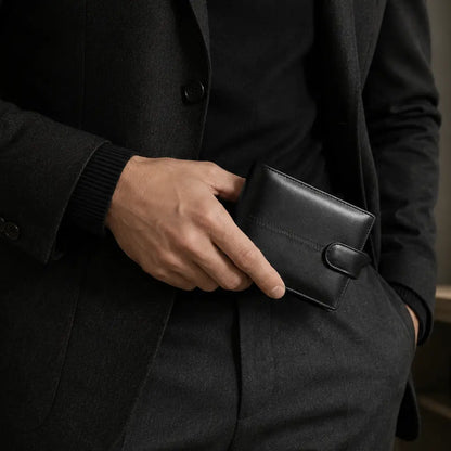 Man holding the Wallet for Men Bifold Model Varo Black by CORVIKO in a sophisticated dark tailored outfit