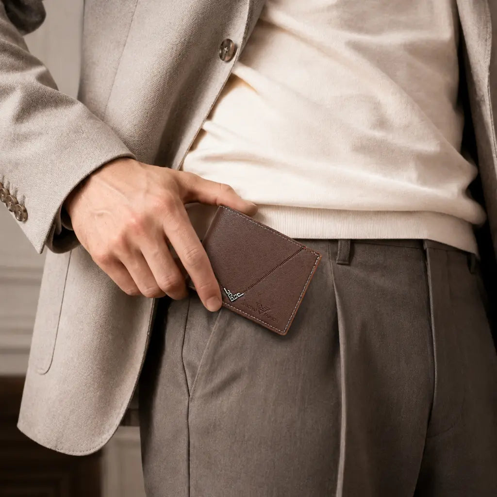 Man holding the Wallet for Men Slim Model Arlen Brown by CORVIKO near tailored trouser pocket