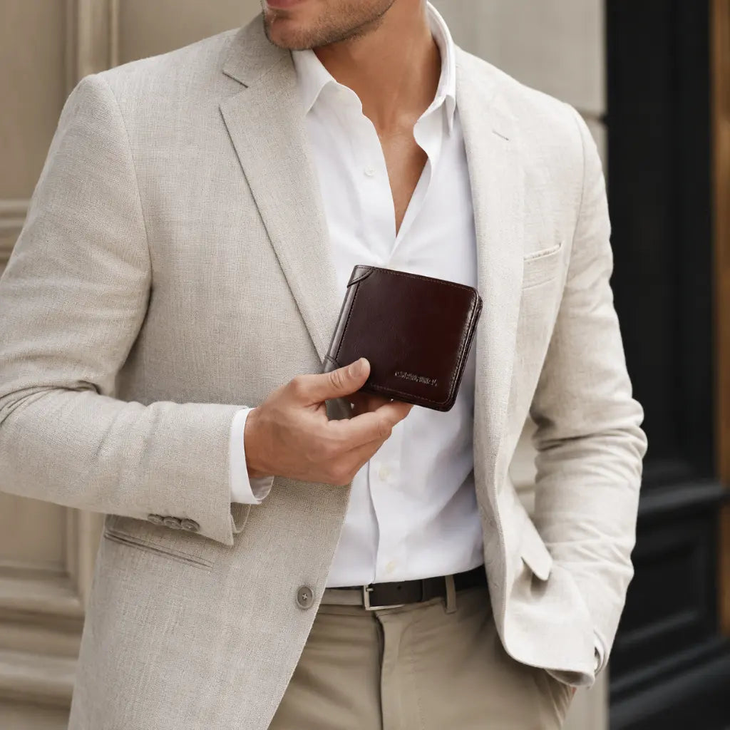 man holding CORVIKO Bravik coffee RFID wallet for men in light tailored outfit