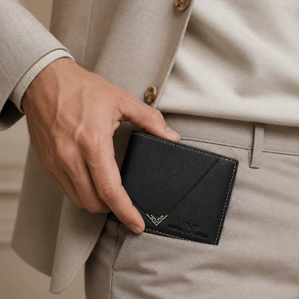 Man placing the Wallet for Men Slim Model Arlen Black by CORVIKO into a tailored trouser pocket
