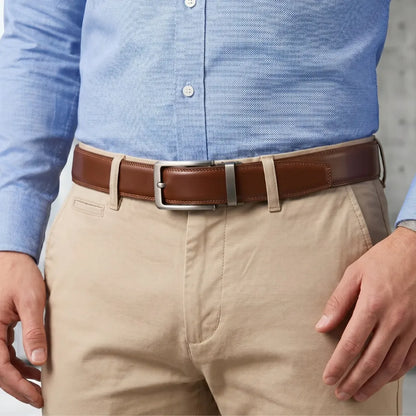 man wearing CORVIKO Varo brown automatic belt with khaki trousers and blue shirt